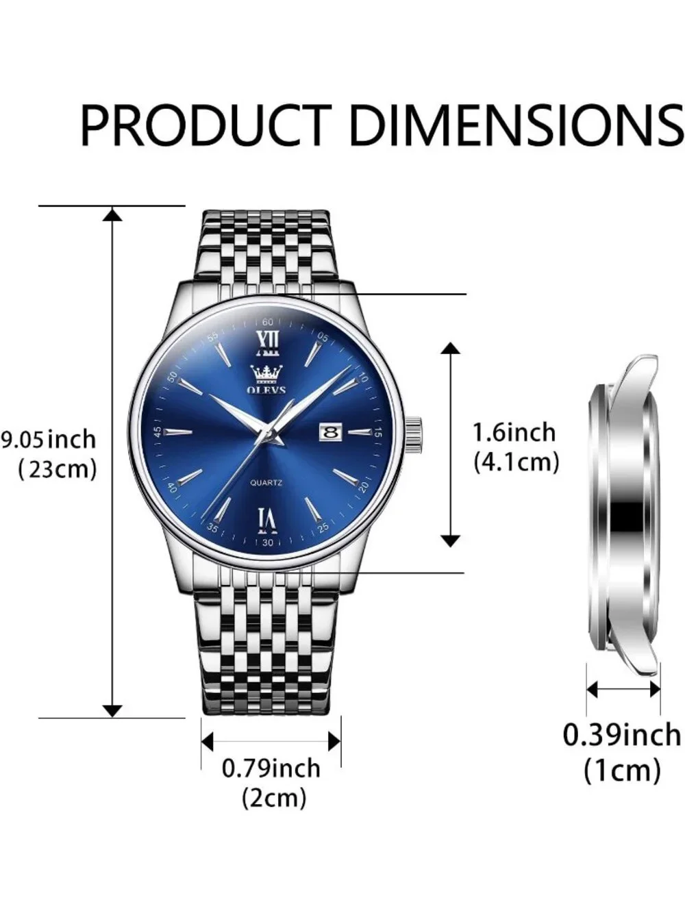 Mens Silver Blue Big Dial Analog Quartz Stainless Steel Relojes Waterproof Watch